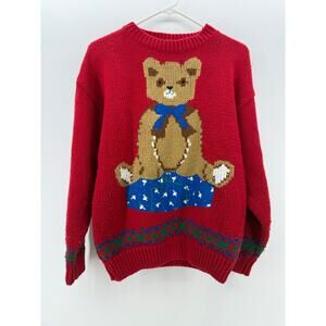 Red Knit Christmas Bear Sweater - Ugly Sweater Party - size Medium